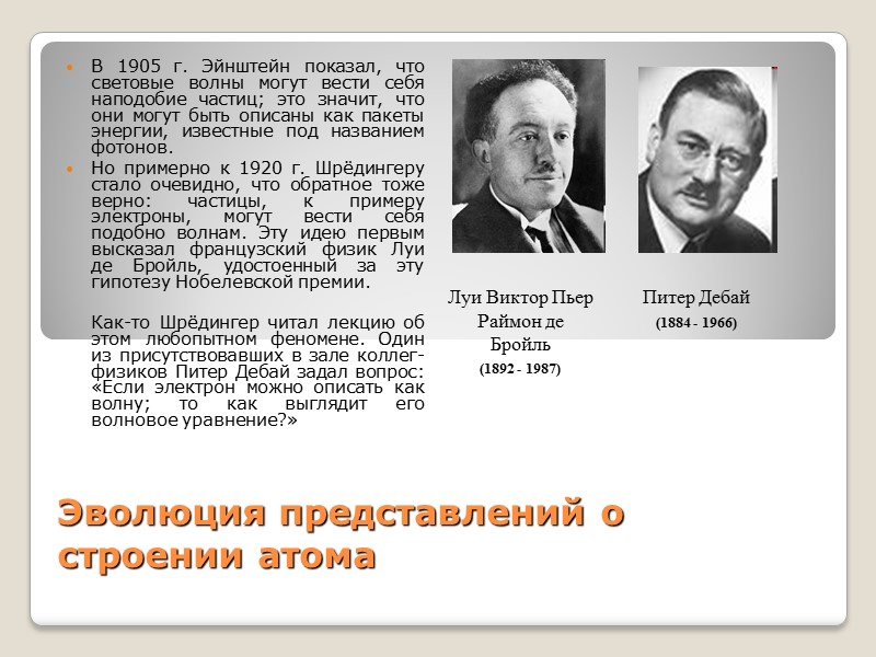 Эволюция представлений о строении атома В 1905 г. Эйнштейн показал, что световые волны могут
